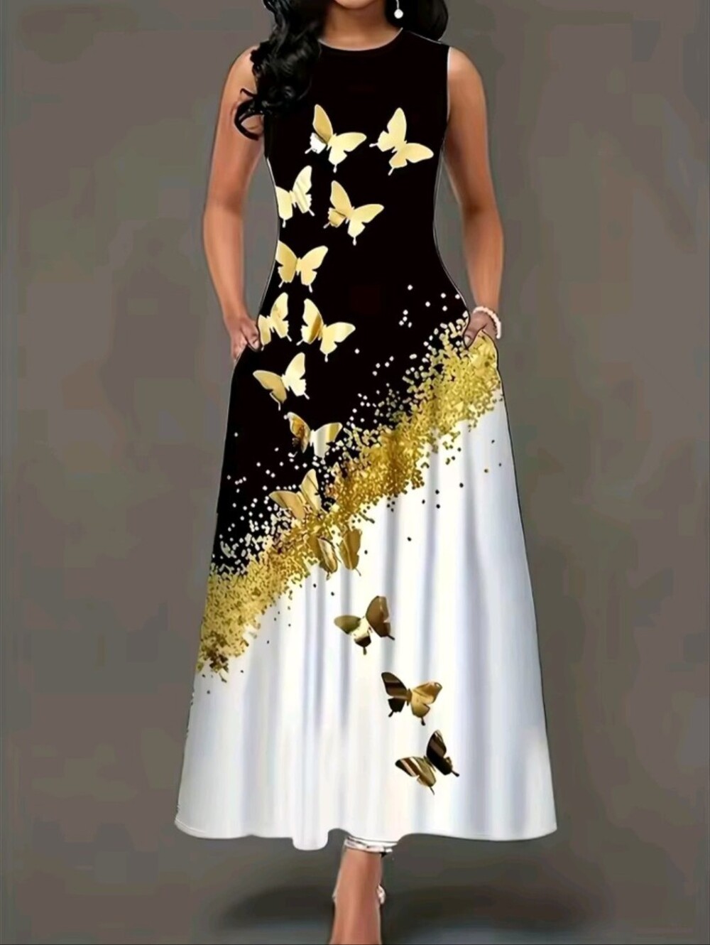 Women's Long Sleeveless Butterfly Print Dress